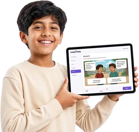 Child using the LeadXkids learning dashboard on a tablet