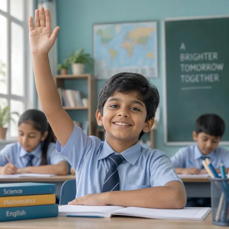 Confident 11-year-old boy raising his hand in class